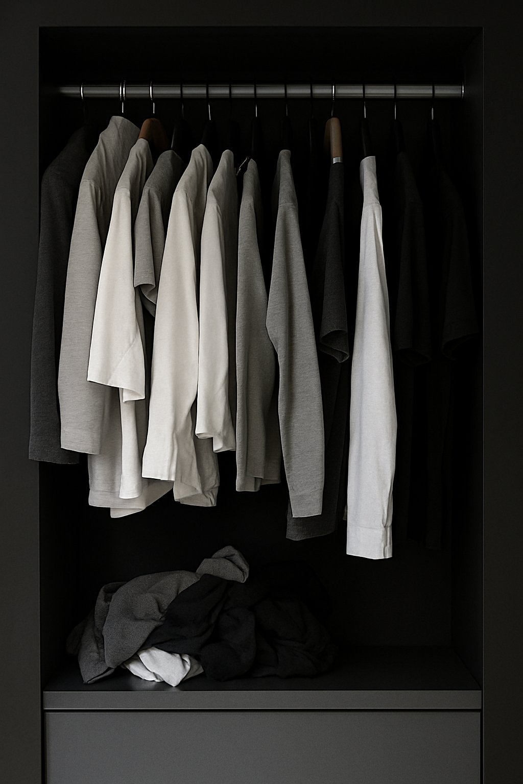 Before: disordered closet with mismatched hangers and cluttered shelf.